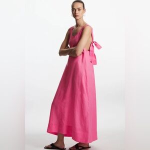 COS 100% Linen Gathered Midi Dress Tie Detail Size Small NWT